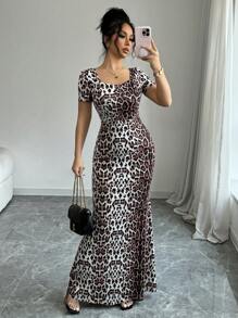 Rafferiza Crew Neck Backless Fitted Leopard Print Long Dress For Women - Brown - View 3
