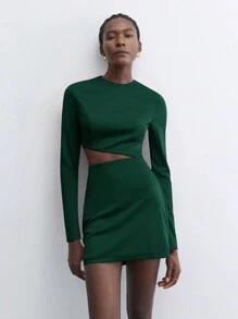 Maija 女士优雅镂空圆领长袖绿色中长连衣裙，适合节日、派对、百搭合身、早春穿着