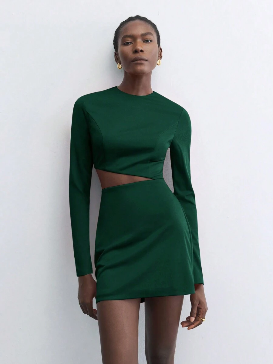 Maija 女士优雅镂空圆领长袖绿色中长连衣裙，适合节日、派对、百搭合身、早春穿着