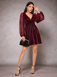 SHEIN BAE 網紗拼接燈籠袖絲絨連衣裙 - 紫色 - 查看 1