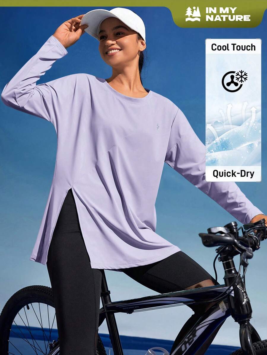 In My Nature Áo thun nữ cổ tròn tay dài màu trơn đơn giản xẻ gấu thường ngày ngoài trời & áo hai dây đi bộ đường dài - Màu tím hoa cà - Xem 1