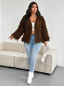 Celure Plus Size Plain Color Simple Fashionable Casual Everyday Cardigan - Brown - View 3