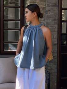 Livesso 女士系带无袖牛仔短款上衣 - 中等水洗藍 - 查看 3