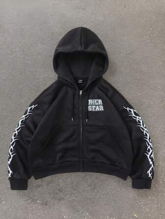 男式超大款街头服饰 Y2K 图案印花黑色连帽卫衣