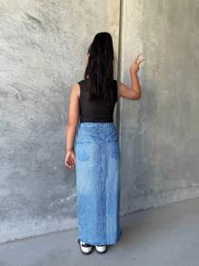 Conjunto de 2 piezas para niña preadolescente - Top de tirantes con gráfico de dibujos animados y falda efecto denim dividida, con estilo de moda y energía, apta para la escuela, viajes y todas las estaciones