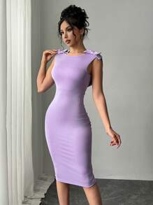 Chiquease Women's Solid Color Round Neck Bowknot Decor Bodycon Sleeveless Elegant Purple Dress