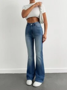 SHEIN Cottnline Casual High Waist Skinny Flared Washed Denim Jeans - Medium Wash - View 3