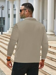 Manfinity Homme Plus Size Men's Casual Contrast Trim Polo Shirt, Autumn, Long Sleeve Top - Beige - View 2