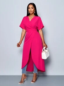 SOLERSUN Magenta Women's Summer Elegant Party Wrap Rose Red Seaside Holiday Valentine's Day Gown,Festive Commuter Long Shirt With Elegant Hem - Hot Pink - View 5
