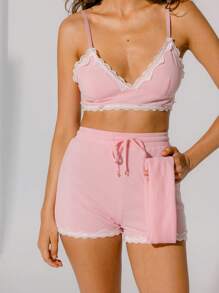 Aralina 超柔软粉色罗纹蕾丝边针织细肩带文胸和抽绳短裤套装（含头带） - 粉色 - 查看 4