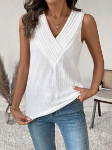 SHEIN LUNE Parte superior tipo tanque de mujer casual y suelta con cuello en V, de tela jacquard texturizada blanca, para primavera/verano