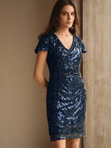 Anewsta 女士 V 领拼接亮片灯笼袖优雅休闲短款连衣裙 - 藏蓝色 - 查看 3