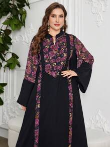 Al Najma Plus Size Women Stand Collar Flare Sleeve Floral Patchwork Solid Color Romantic Elegant Dress, Modest Kaftan