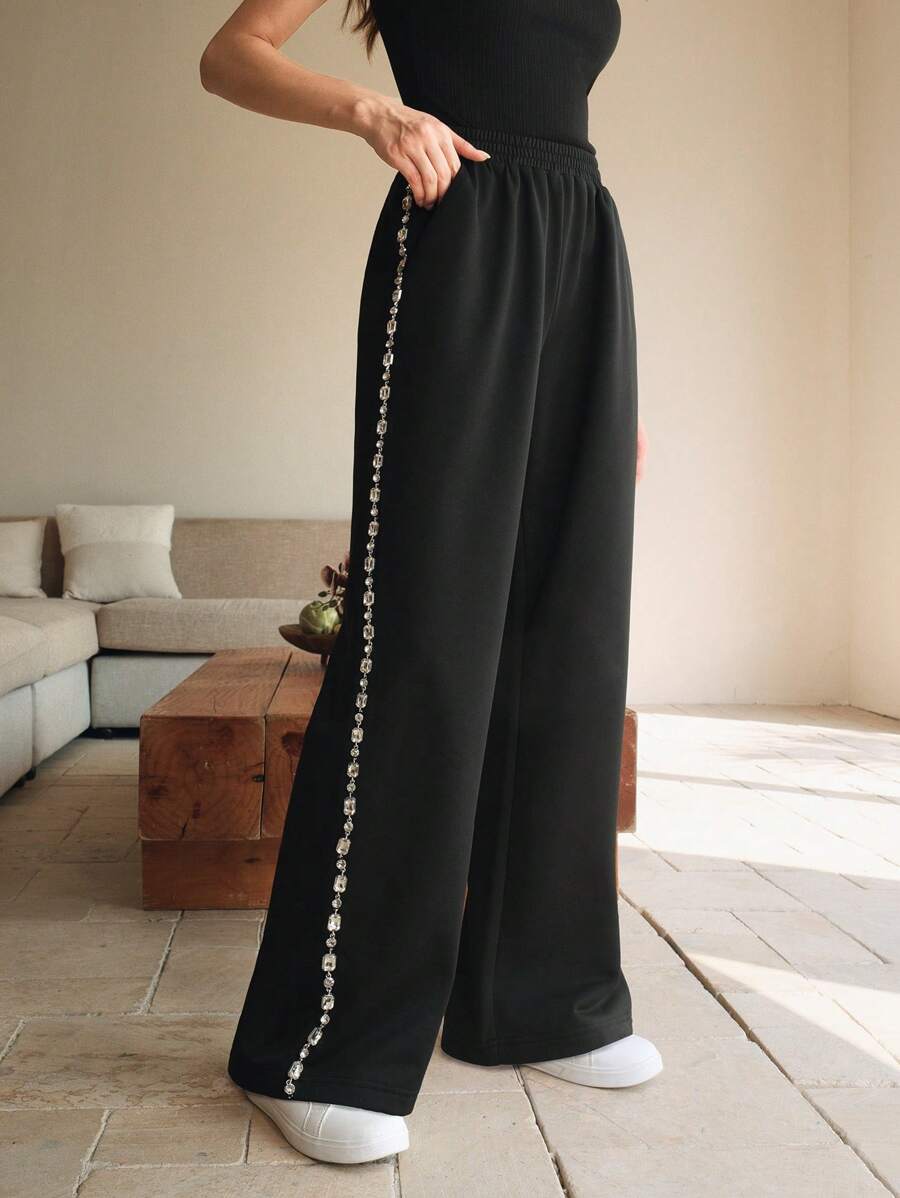 Anewsta Women's Rib-Knit Sweatpants With Chain Side Embellishment Details, Mid-Waist, Straight Leg Graduation,Back To School Outfits,Graduation,Teacher Outfits For Women,Back To School - Black - View 1