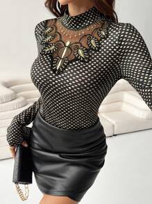 SHEIN Clasi Women Stand Collar Long Sleeve Casual T-Shirt With Mesh Patchwork, Random Prints