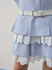 MOTF STUDIO 水钻条纹褶皱下摆中长连衣裙 - 藍白色 - 查看 2