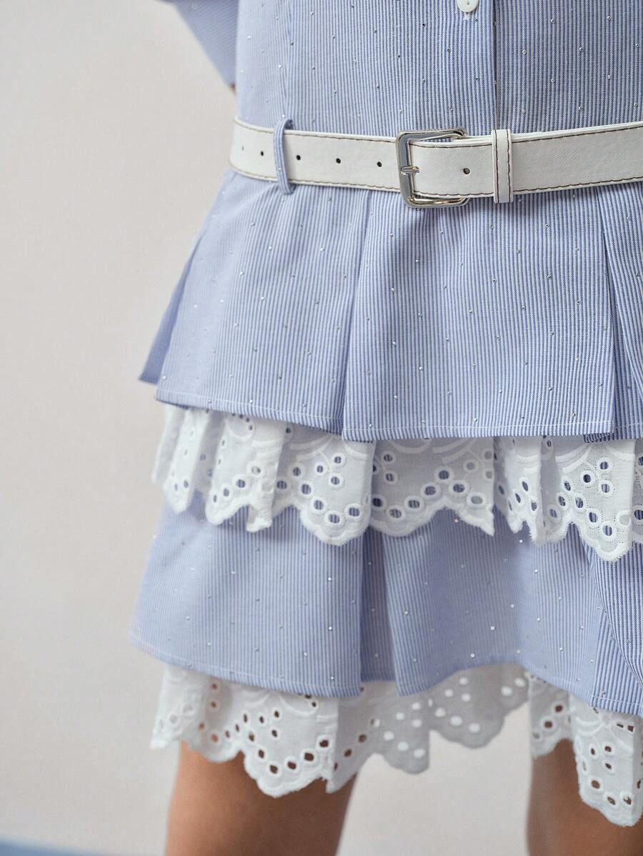 MOTF STUDIO 水钻条纹褶皱下摆中长连衣裙 - 藍白色 - 查看 2