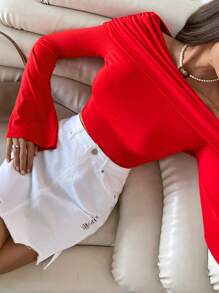 SHEIN Essnce Women's Solid Color Off-Shoulder Long Sleeve Simple Casual Top - Red - View 4