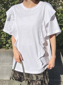 TrendSteals Women's Layered Ruffle Trim Loose T-Shirt - White - View 1
