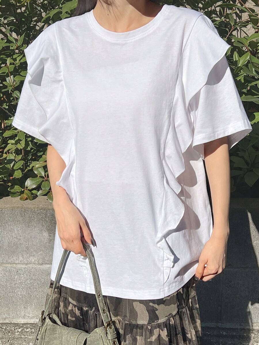 TrendSteals Women's Layered Ruffle Trim Loose T-Shirt - White - View 1