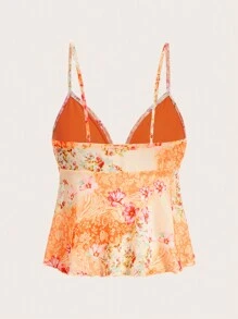 Sweetina Women's Floral Print Ruffle Trim Camisole With Mesh