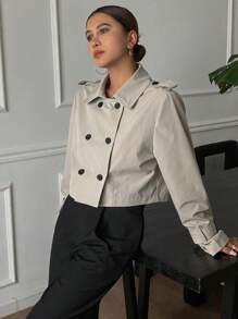 Livesso 女士休闲双排扣长袖短款风衣秋季女夹克，秋季女装 - 卡其色 - 查看 4