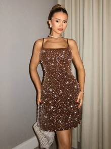 SHEIN BAE 优雅水钻和珍珠装饰派对棕色连衣裙，适合约会、夜生活、俱乐部、聚会