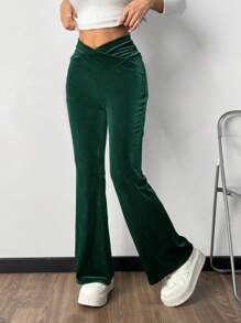 Muchica Women's Solid Color Asymmetric Velvet Flare Leg Knit Pants - Dark Green - View 4