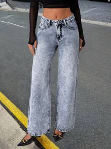 SHEIN Essnce Quần Jeans Ống Thẳng Lưng Thấp Thời Trang Cho Nữ - Rửa nhẹ - Xem 1