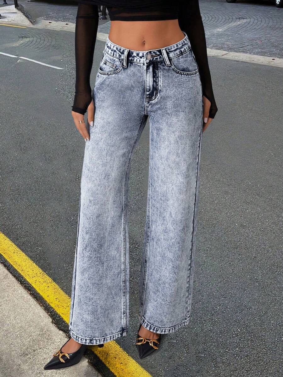 SHEIN Essnce Quần Jeans Ống Thẳng Lưng Thấp Thời Trang Cho Nữ - Rửa nhẹ - Xem 1