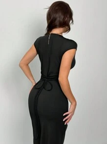 Firerie New Style Elegant & Sexy Bodycon Deep V-Neck Maxi Dress For Women, With Puffed Sleeve & Tie Waist Design, Suitable For Festival/Valentine's Day