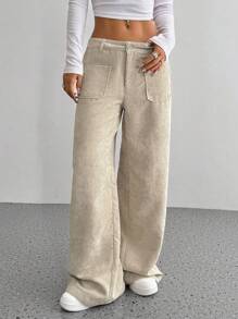 Flirla Pantalones rectos sueltos simples de pana con botones delanteros y bolsillos de unicolor
