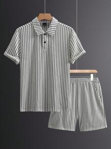 Manfinity Homme Men's Front Button Short Sleeve Striped Minimalist Top And Shorts Casual Set, For Tennis - Black and White - View 1