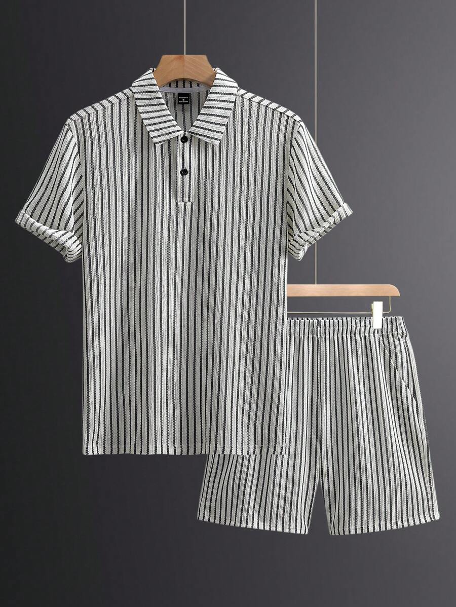 Manfinity Homme Men's Front Button Short Sleeve Striped Minimalist Top And Shorts Casual Set, For Tennis - Black and White - View 1