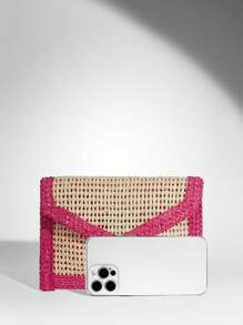 SHEIN BAE Woven Evening Clutch Bag For Women, Fashionable Minimalist Solid Color Large Wallet, Suitable For Summer Travel And Vacation, Straw Wallet, Straw Beach Bag, Beach Essentials, Beach Supplies, And Summer Necessities, Most Suitable For Beach Atmosphere - Hot Pink - View 8