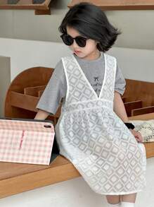 DAZY 2 件套：短袖少女图案上衣和无袖镂空修身连衣裙，女童夏季服装 - 白色 - 查看 4