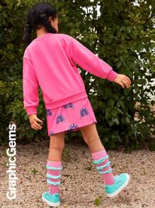 Bộ 2 món/Bộ áo nỉ in hình cầu vồng hoạt hình cho bé gái và chân váy in toàn thân - Màu Hồng Tươi - Xem 2