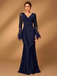 Serin Elegant Luxury Pearl & Sequin Patched Ruched Mesh Long Sleeve Mermaid Evening Formal Dress, Suitable For Wedding, Parties, Vacation, Ball, Banquet And Mother Of The Bride - Navy Blue - View 2