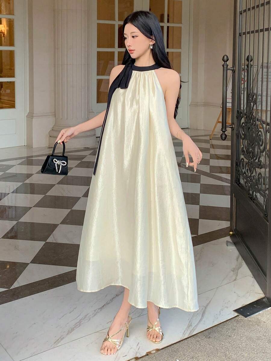 DAZY Contrast Color Ribbon Collar Sleeveless Mid-Long Women Dress Prom Dress Sundress,Casual Women Dresses Elegant Women Dresses - Beige - View 1