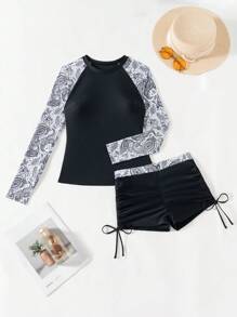 Swim SPRTY Summer New Cross-Border Stylish Long Sleeve Rash Guard & Drawstring Waist Bottoms 2 Pieces Swimwear For Women, Paisley Print, Conservative & Slimming, Sports & Beach Vacation