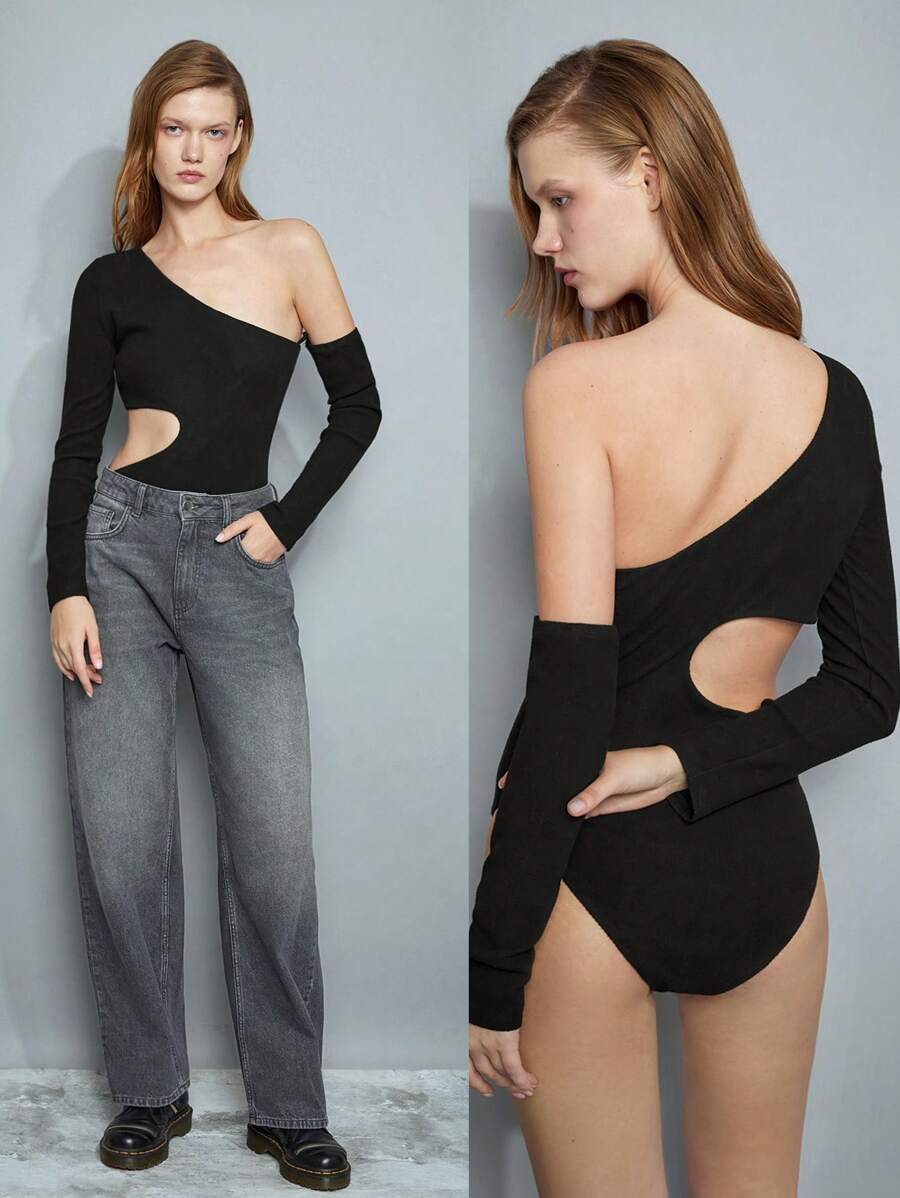 Maija Women Solid Color Asymmetric Neck Long Sleeve Cutout Waist Sexy Bodysuit - Black - View 1
