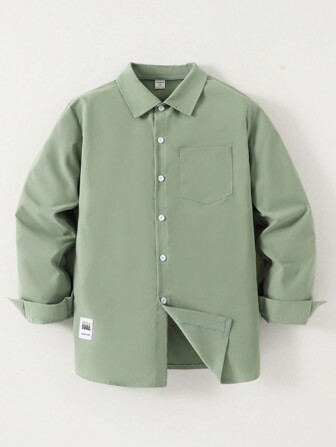 SHEIN Teen Boy Front Button Long Sleeve Pocket Casual Shirt, Minimalist Style