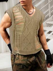 Manfinity EMRG Men Solid Color Ripped Knit Sweater Vest - Khaki - View 6