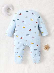 SHEIN Leap Crew Newborn Baby Boy Cute Cartoon Pattern Round Neck Front Button Long Sleeve Soft Jumpsuit - Blue - View 2