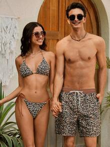 Manfinity VDAYZ Pantalones cortos casuales de playa con bolsillo y cordones, estampado de leopardo, para novio