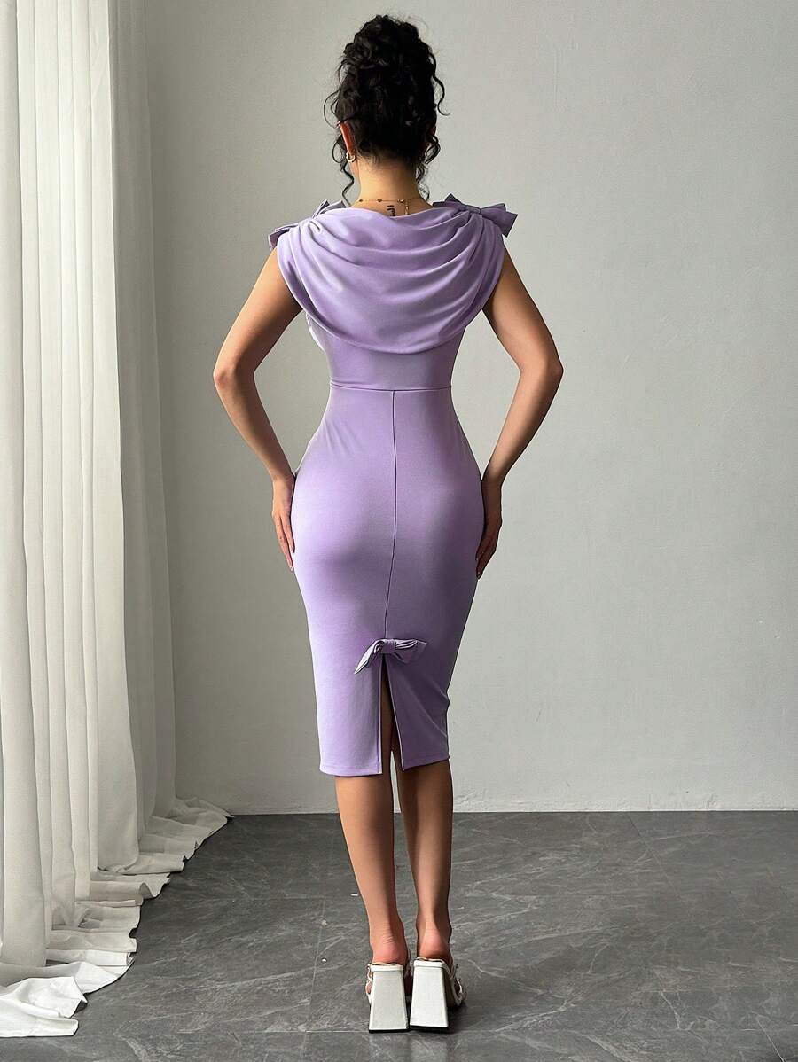 Chiquease Women's Solid Color Round Neck Bowknot Decor Bodycon Sleeveless Elegant Purple Dress