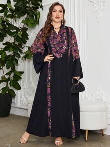 Al Najma Plus Size Women Stand Collar Flare Sleeve Floral Patchwork Solid Color Romantic Elegant Dress, Modest Kaftan