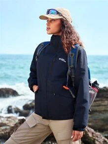SHEIN Jas Hujan Wanita Polos Lengan Panjang dengan Resleting Depan dan Motif Huruf, Sederhana, Kasual, dan Berkerudung untuk Aktivitas Luar Ruangan - Navy Blue - View 8