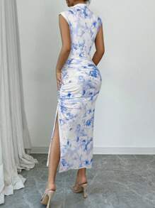 Firerie 女士扎染印花百褶腰立领修身优雅连衣裙