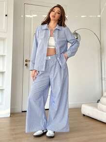 SHEIN EZwear 2 件套大码前扣长袖条纹简约衬衫和裤子套装，春夏装 - 藍白色 - 查看 5